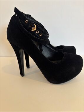 Black Suede Platform Pumps with Double Ankle Straps